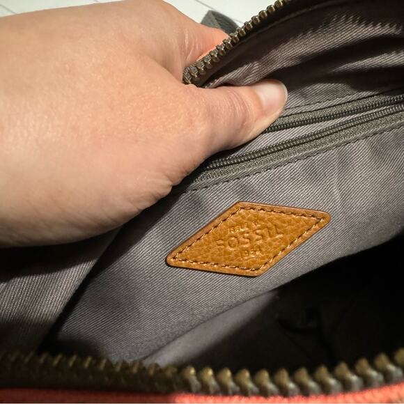 Fossil Peach Coral Gray Polka Dot Canvas Crossbody Shoulder Bag Purse - Picture 7 of 7